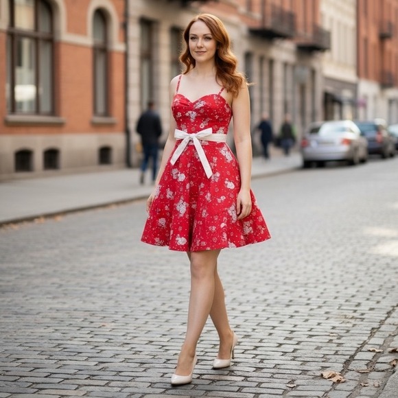 City Triangle Red Floral Print Dress‎ Sweetheart Sundress Party Summer - Picture 13 of 14